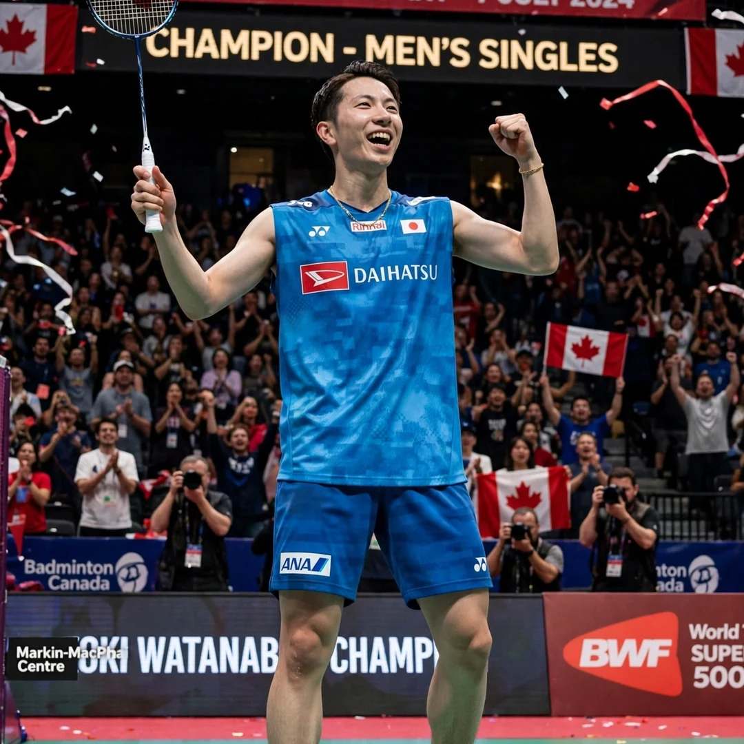 Koki Watanabe winning the Canada Open 2024 Super 500 title in Calgary Koki Watanabe celebrating the Canada Open 2024 title (AI-generated)