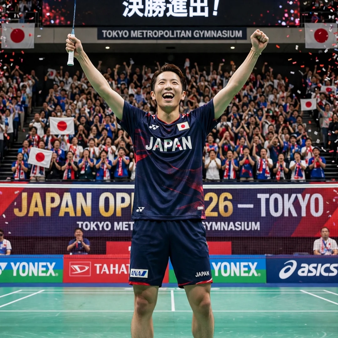 Koki Watanabe celebrating reaching the Japan Open 2026 final in Tokyo Koki Watanabe celebrating at the Japan Open 2026 (AI-generated)