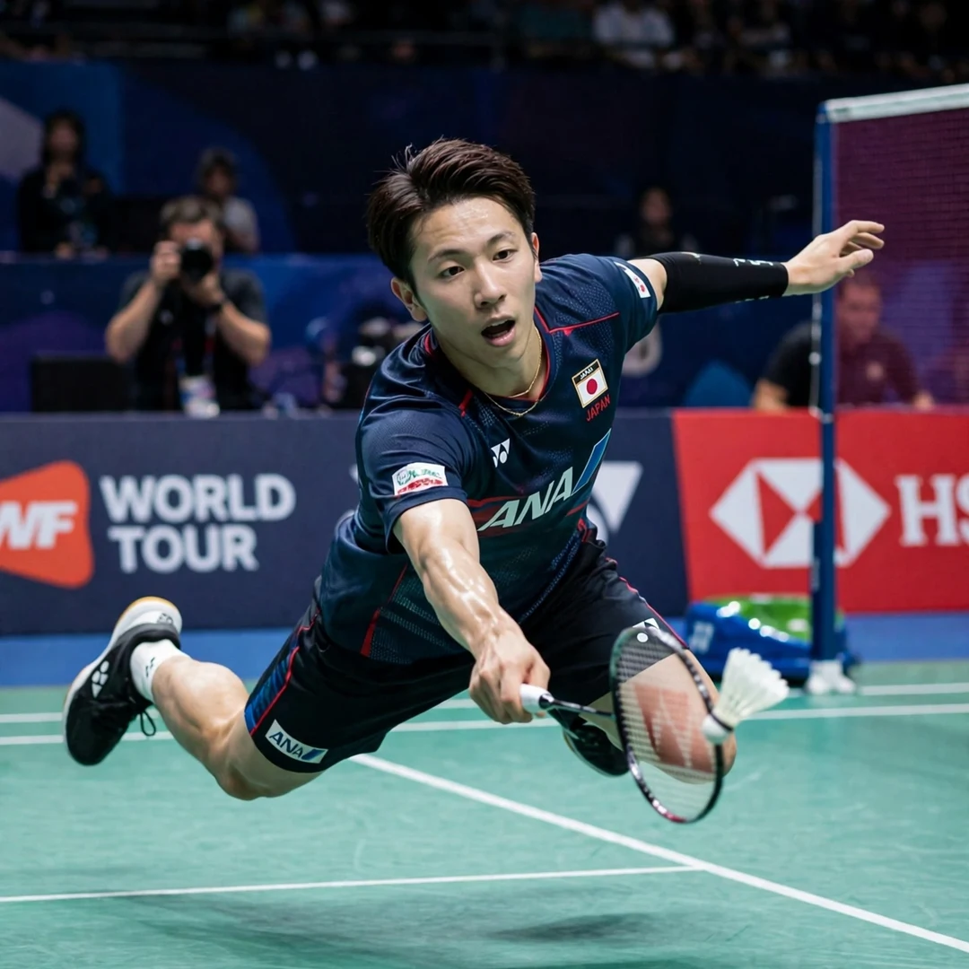 Koki Watanabe diving to return a smash during a BWF World Tour match Koki Watanabe diving defensive return (AI-generated)