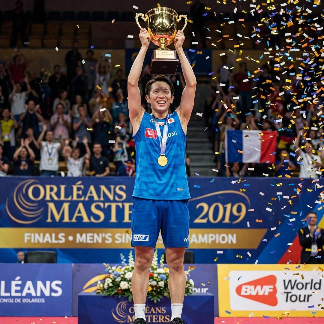 Koki Watanabe winning his first BWF World Tour title at the Orleans Masters 2019 Koki Watanabe on the podium at the Orleans Masters 2019 (AI-generated)