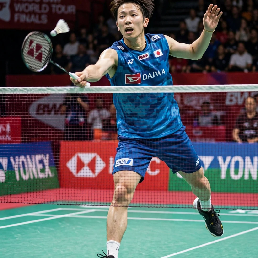 Koki Watanabe showing the fastest feet in mens singles with a whiplash net kill Koki Watanabe lightning-fast net kill (AI-generated)