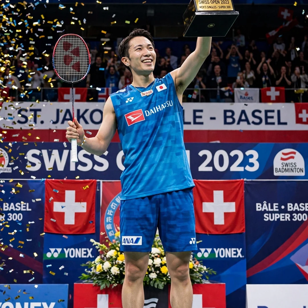 Koki Watanabe winning the Swiss Open 2023 Super 300 title in Basel Koki Watanabe lifting the Swiss Open 2023 trophy (AI-generated)