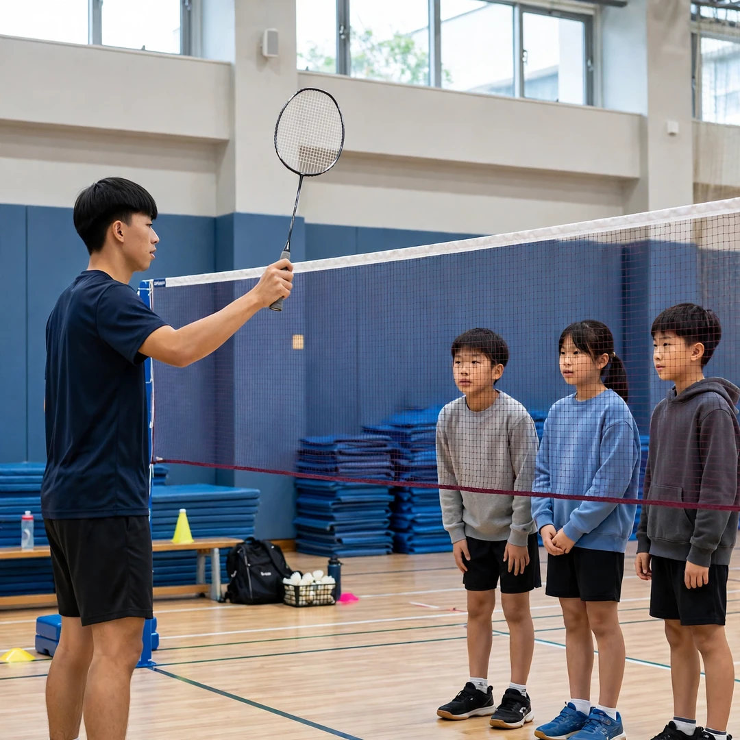 Kuo Kuan Lin demonstrating racket grip to junior players at a coaching clinic (AI-generated) Kuo Kuan Lin demonstrating racket grip to junior players at a coaching clinic (AI-generated)