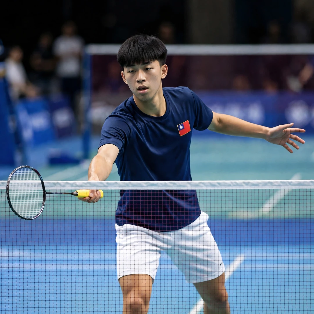 Kuo Kuan Lin playing a tight net shot, racket in his right hand (AI-generated) Kuo Kuan Lin playing a tight net shot, racket in his right hand (AI-generated)