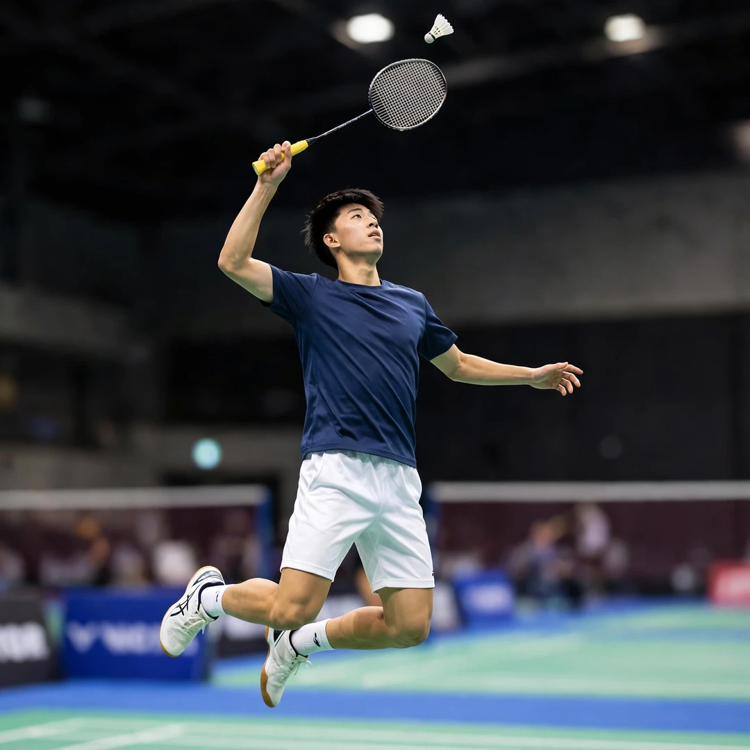 Kuo Kuan Lin leaping for a jump smash, racket in his right hand (AI-generated) Kuo Kuan Lin leaping for a jump smash, racket in his right hand (AI-generated)