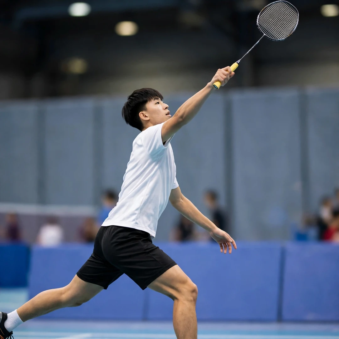 Kuo Kuan Lin playing a cross-court forehand clear from the rear court (AI-generated) Kuo Kuan Lin playing a cross-court forehand clear from the rear court (AI-generated)