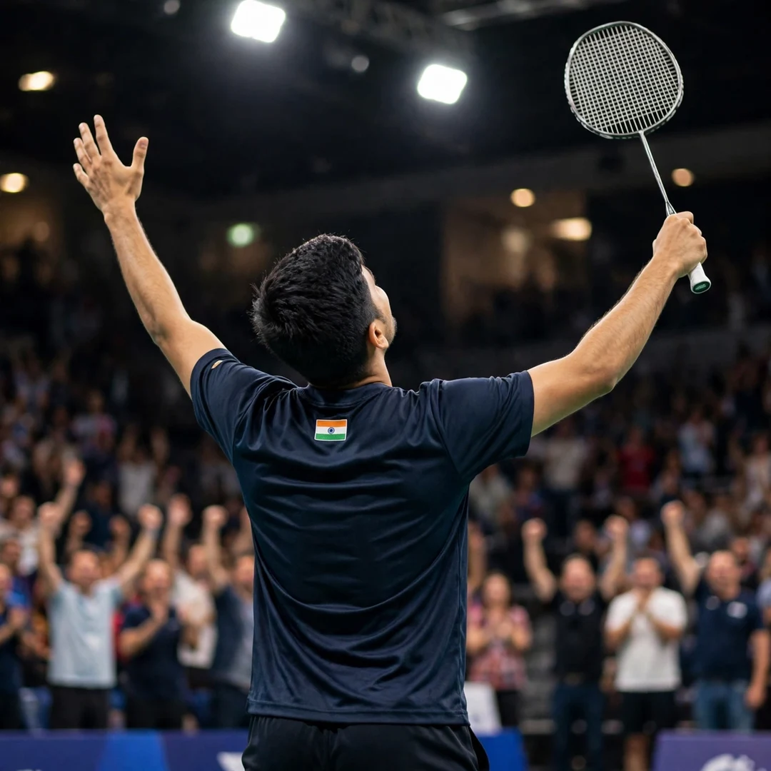 Lakshay Sharma celebrating a victory with both arms raised (AI-generated) Lakshay Sharma celebrating a victory with both arms raised (AI-generated)