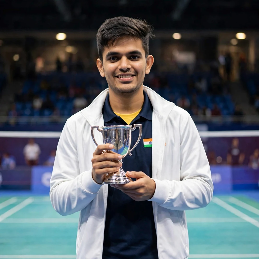 Lakshay Sharma holding a silver trophy on the podium (AI-generated) Lakshay Sharma holding a silver trophy on the podium (AI-generated)