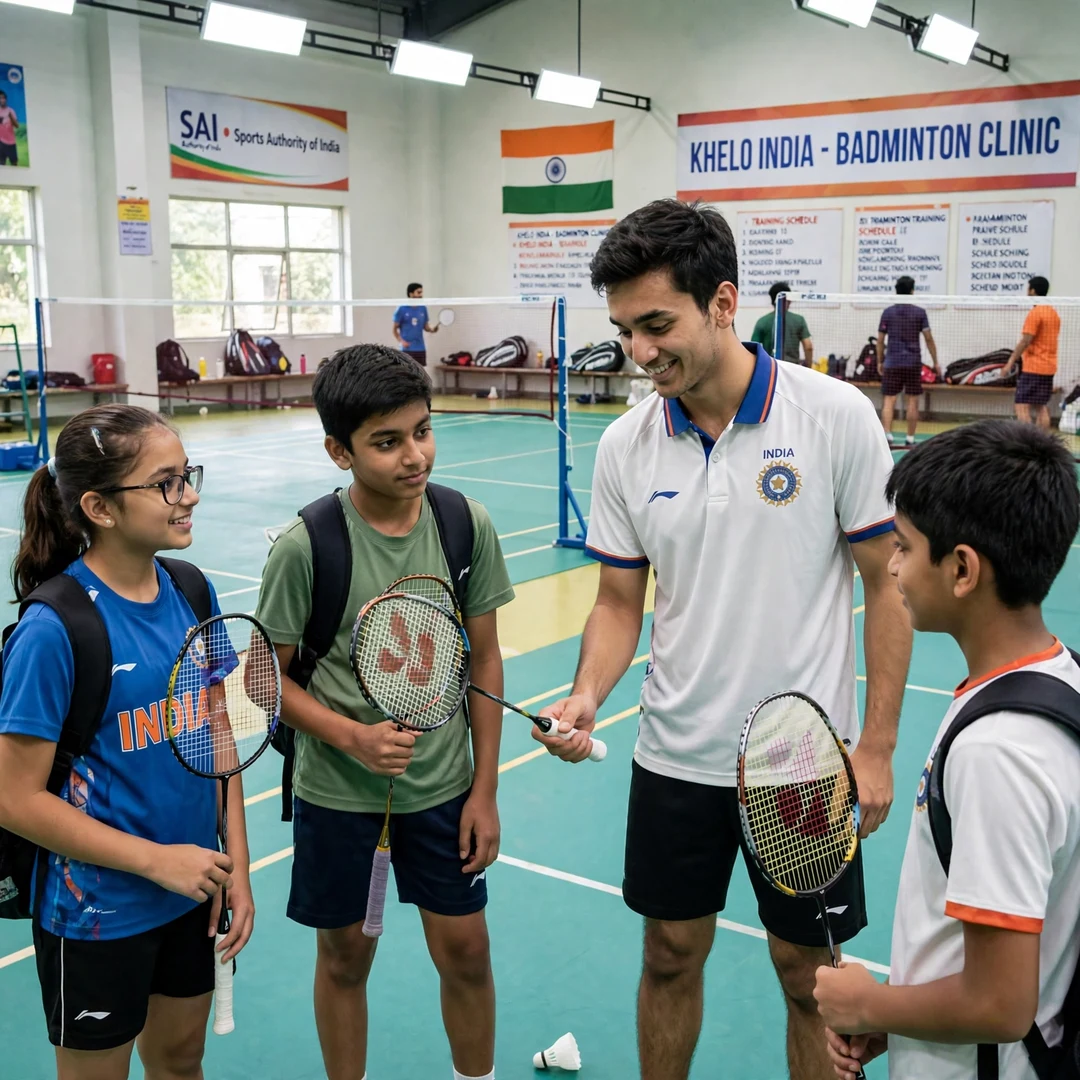 Lakshya Sen inspiring young developing players in India and across Asia Lakshya Sen with junior players at a clinic (AI-generated)