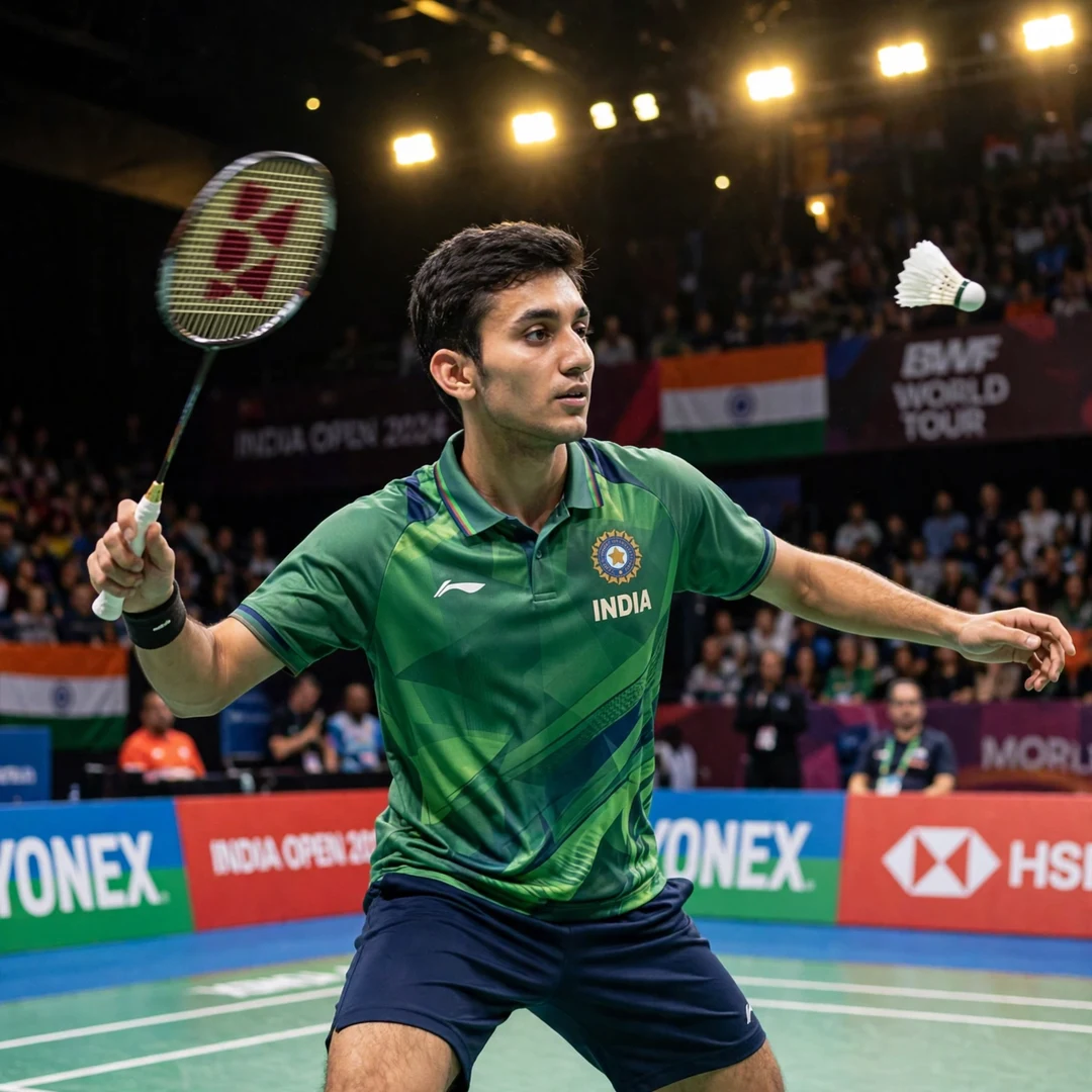 Lakshya Sen playing a backhand during an international men's singles match Lakshya Sen backhand shot (AI-generated)