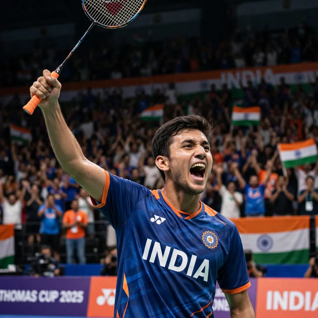 Lakshya Sen celebrating a match victory for India Lakshya Sen celebrating match victory (AI-generated)
