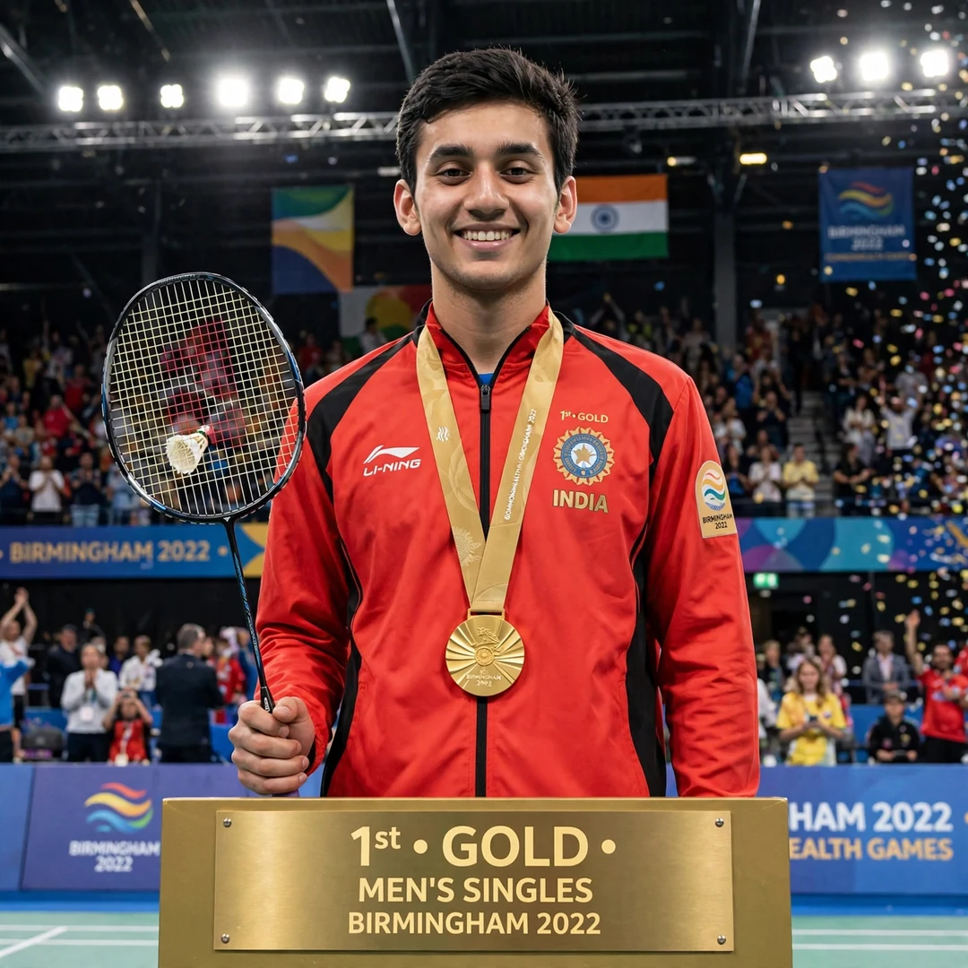 Lakshya Sen winning Commonwealth Games gold for India at Birmingham 2022 Lakshya Sen with Commonwealth Games 2022 gold medal (AI-generated)