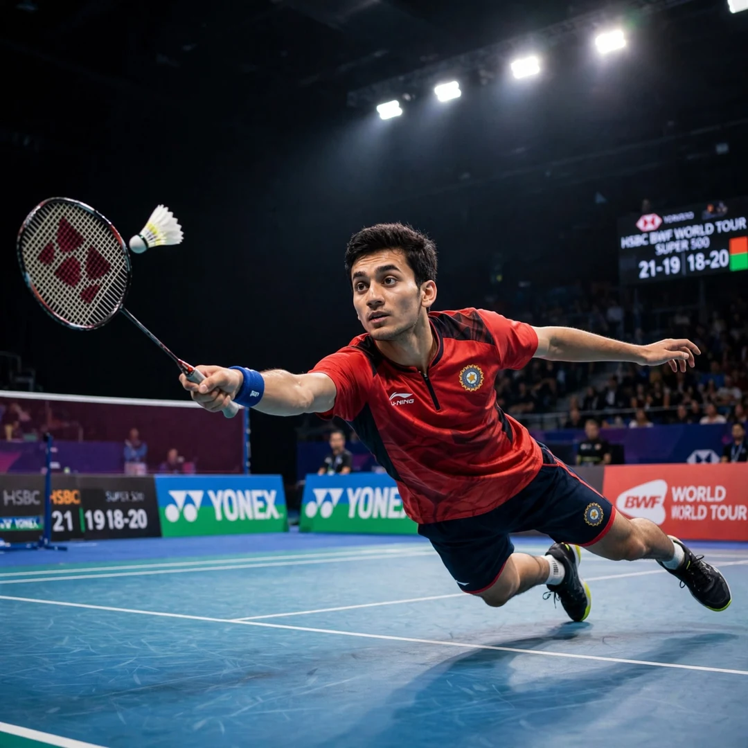 Lakshya Sen diving to return a smash during a BWF World Tour match Lakshya Sen diving defensive return (AI-generated)