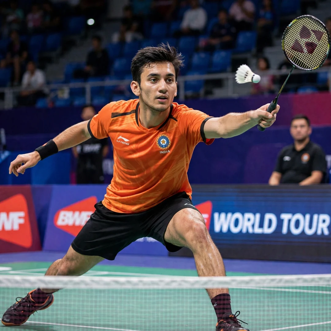 Lakshya Sen showing explosive footwork speed and counter-attacking defence Lakshya Sen speed and counter-attack play (AI-generated)