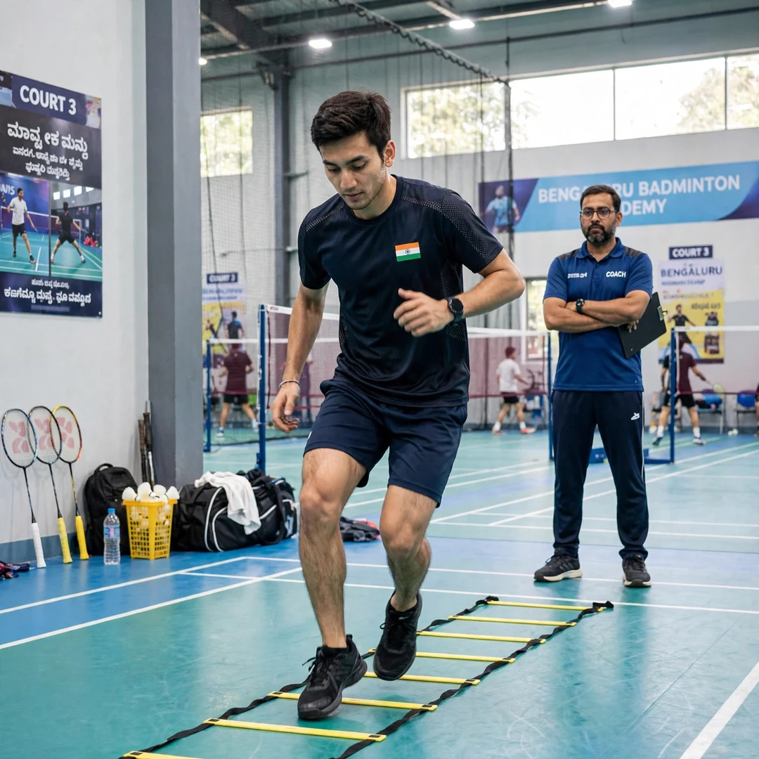 Lakshya Sen training at the Prakash Padukone Badminton Academy in Bengaluru Lakshya Sen training session (AI-generated)