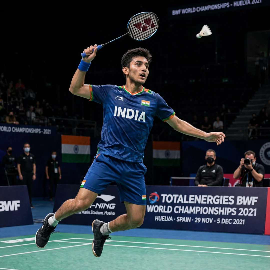 Lakshya Sen winning World Championships bronze at Huelva 2021 aged 20 Lakshya Sen at World Championships 2021 (AI-generated)