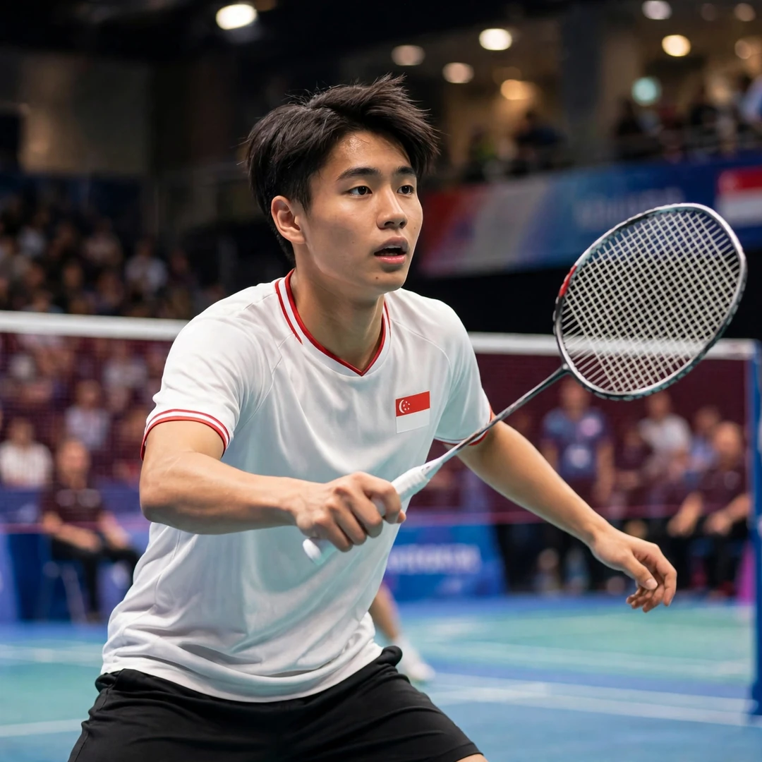 Lau Jun Hui Marcus the Singapore men's singles badminton player in a dynamic forehand pose (AI-generated) Lau Jun Hui Marcus the Singapore men's singles badminton player in a dynamic forehand pose (AI-generated)