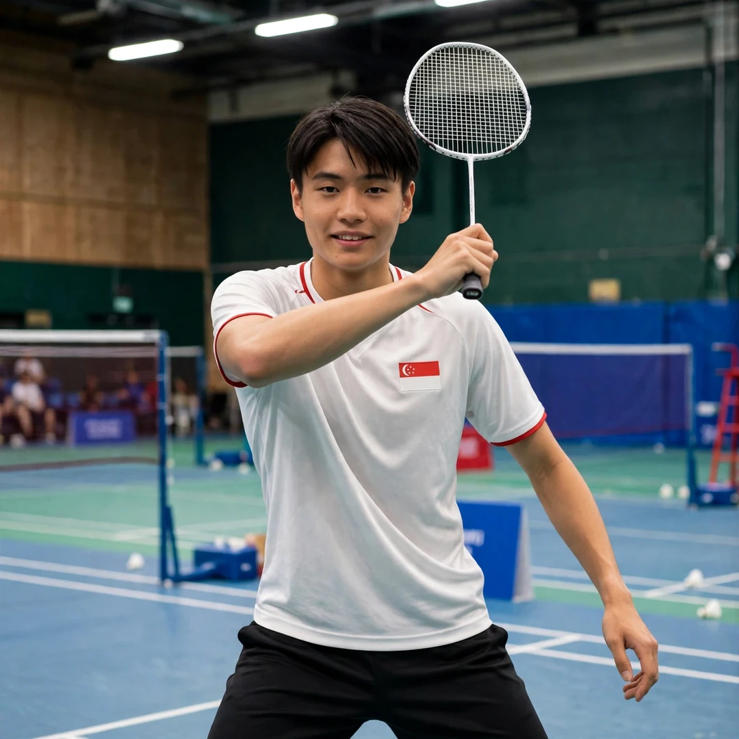 Lau Jun Hui Marcus playing a backhand clear from the deep rear court (AI-generated) Lau Jun Hui Marcus playing a backhand clear from the deep rear court (AI-generated)