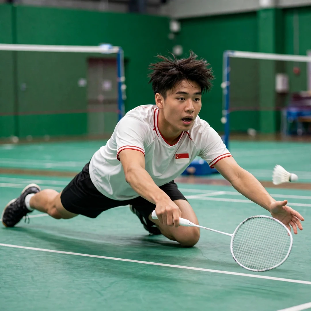 Lau Jun Hui Marcus diving low to defend a smash (AI-generated) Lau Jun Hui Marcus diving low to defend a smash (AI-generated)