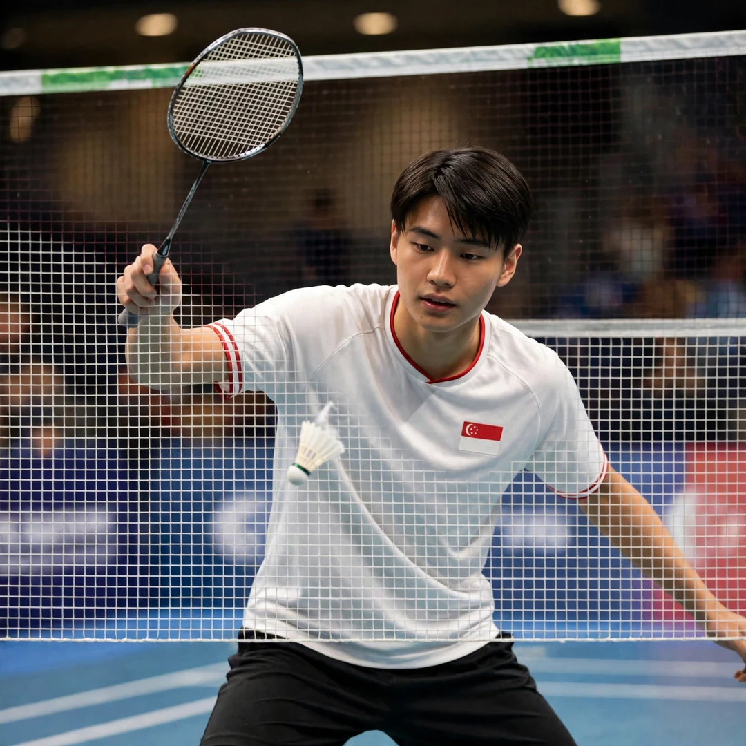 Lau Jun Hui Marcus spinning the shuttle at the net (AI-generated) Lau Jun Hui Marcus spinning the shuttle at the net (AI-generated)
