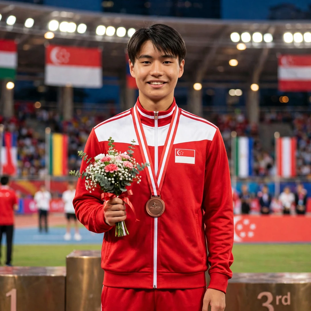 Lau Jun Hui Marcus on a SEA Games podium with a team bronze medal (AI-generated) Lau Jun Hui Marcus on a SEA Games podium with a team bronze medal (AI-generated)