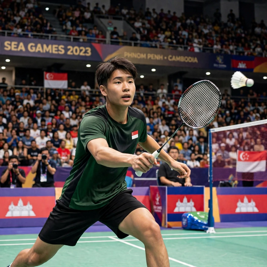 Lau Jun Hui Marcus playing singles for Singapore at the SEA Games in Phnom Penh (AI-generated) Lau Jun Hui Marcus playing singles for Singapore at the SEA Games in Phnom Penh (AI-generated)