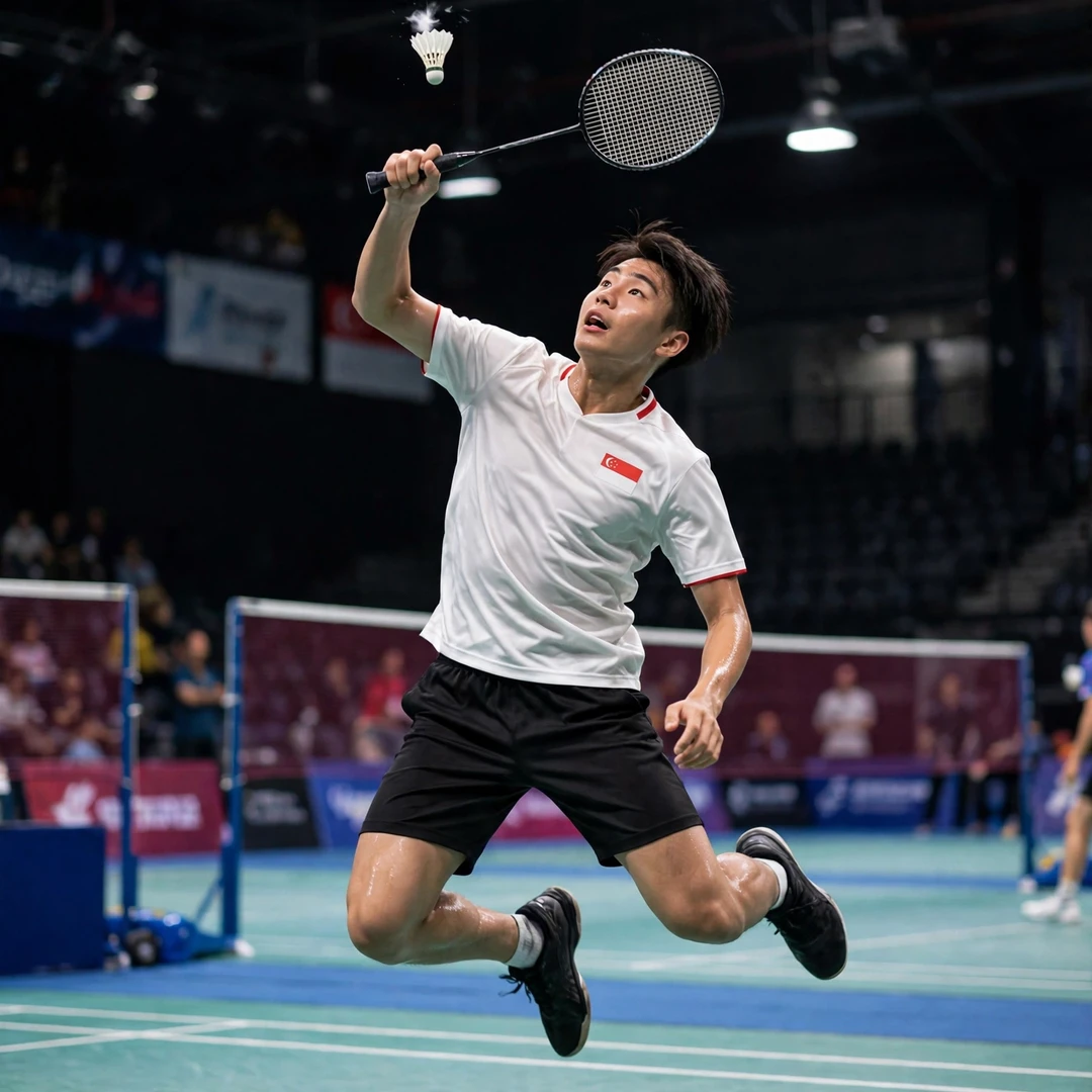 Lau Jun Hui Marcus hitting a full-stretch jumping smash (AI-generated) Lau Jun Hui Marcus hitting a full-stretch jumping smash (AI-generated)