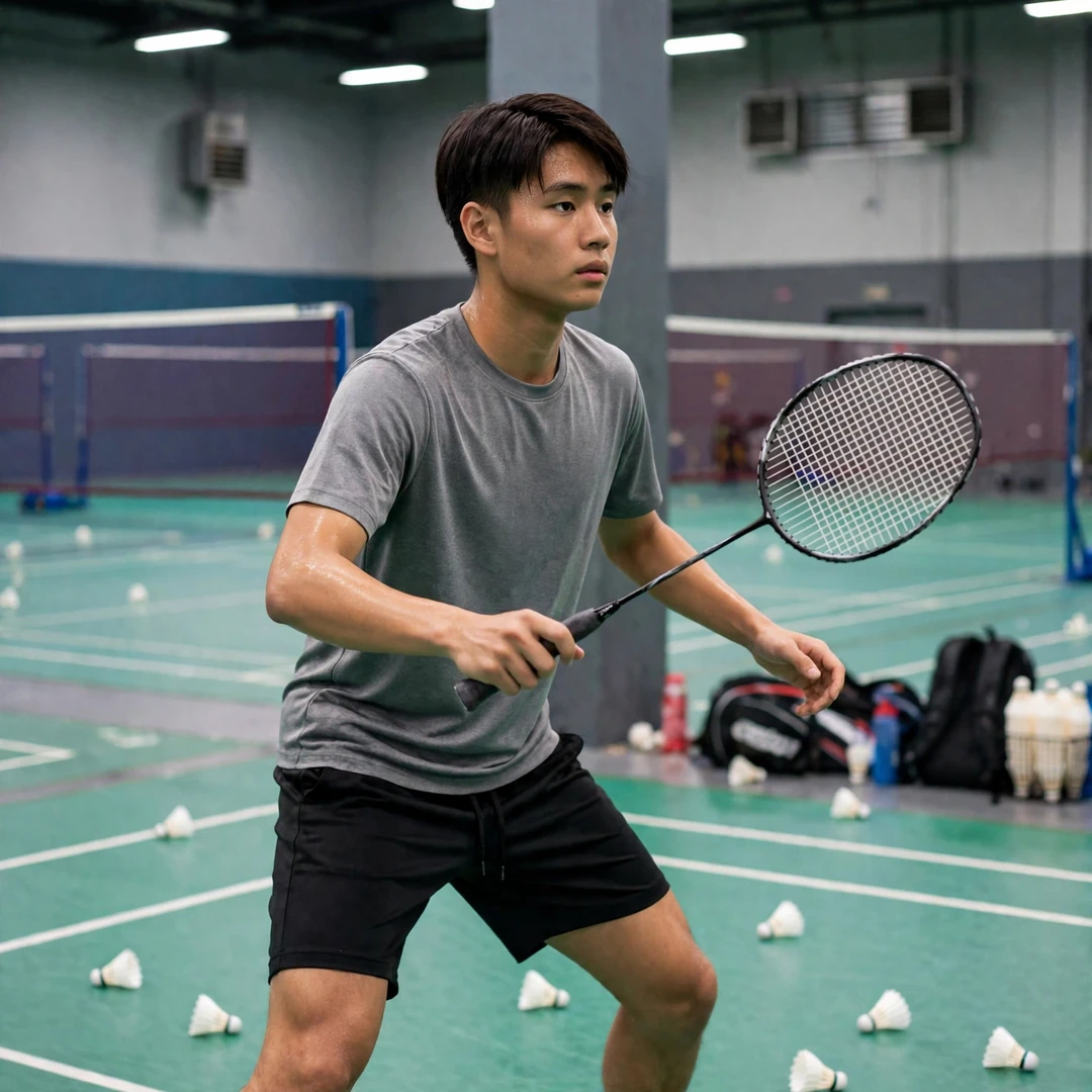 Lau Jun Hui Marcus in a footwork and multi-shuttle training session (AI-generated) Lau Jun Hui Marcus in a footwork and multi-shuttle training session (AI-generated)