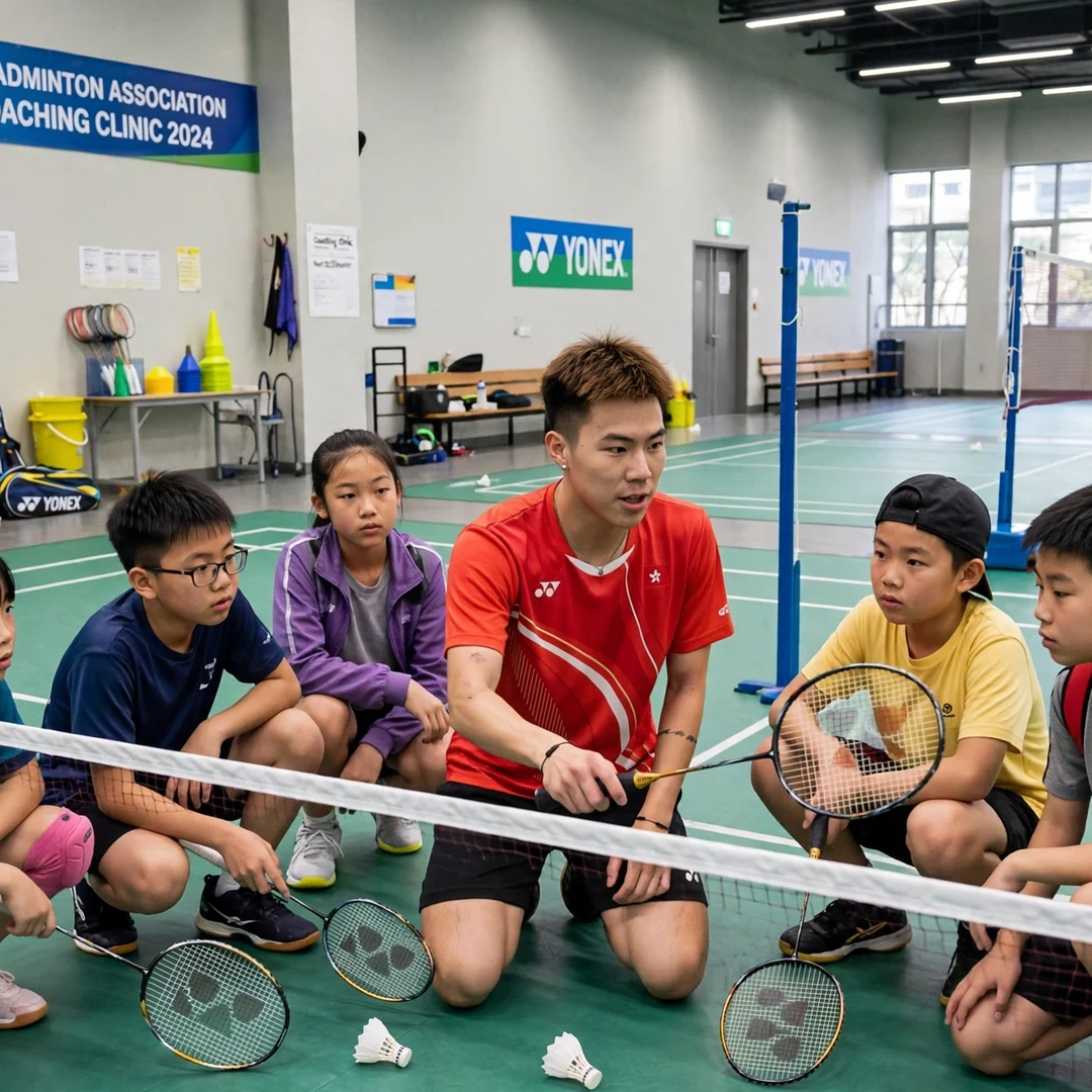 Lee Cheuk Yiu coaching junior badminton players Lee Cheuk Yiu with junior players at a badminton clinic (AI-generated)