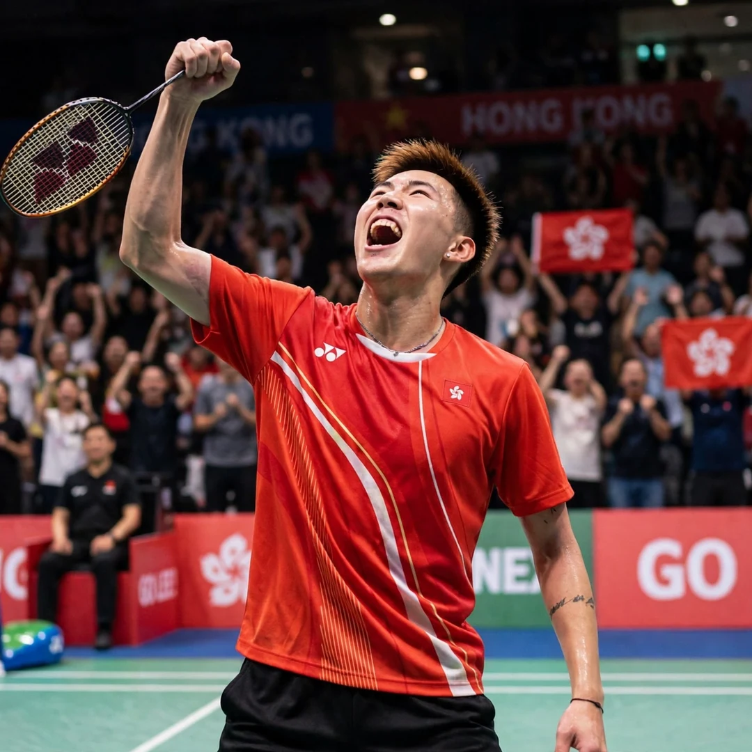 Lee Cheuk Yiu celebration Hong Kong Open Lee Cheuk Yiu celebrating a match point in front of Hong Kong fans (AI-generated)