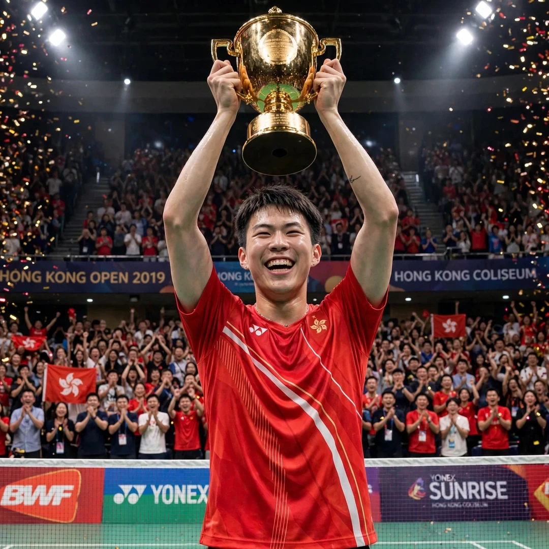 Lee Cheuk Yiu Hong Kong Open 2019 champion first BWF World Tour title Lee Cheuk Yiu lifting the Hong Kong Open 2019 trophy at the Hong Kong Coliseum (AI-generated)