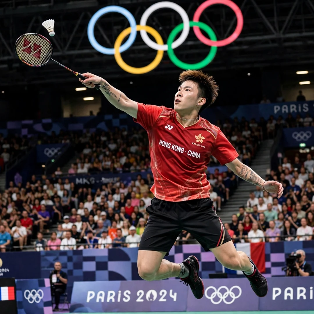 Lee Cheuk Yiu Paris 2024 Olympics Hong Kong badminton Lee Cheuk Yiu in action at the Paris 2024 Olympic Games (AI-generated)
