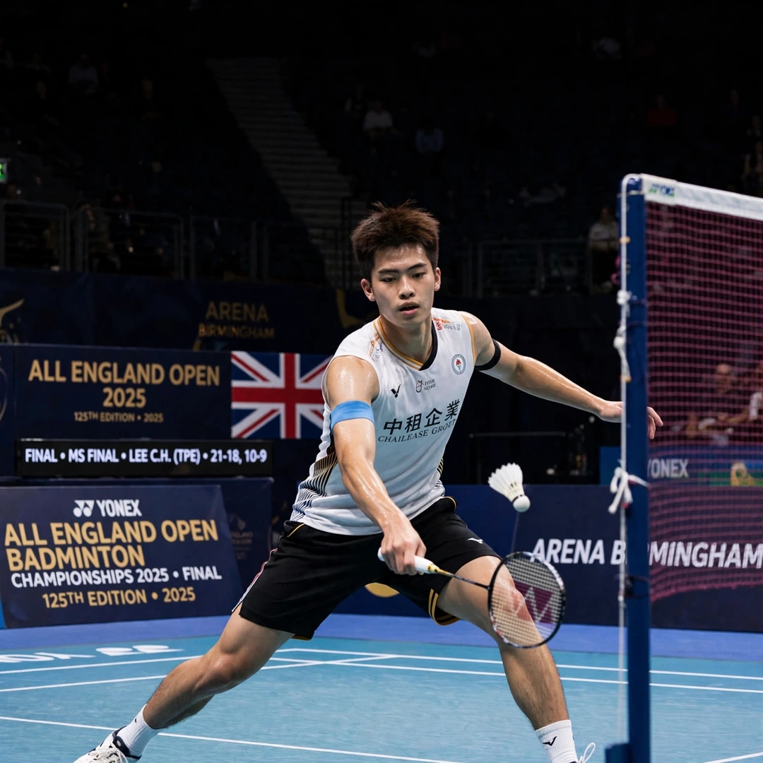 Lee Chia Hao All England final Lee Chia Hao playing a net shot in the 2025 All England Open final in Birmingham (AI-generated)