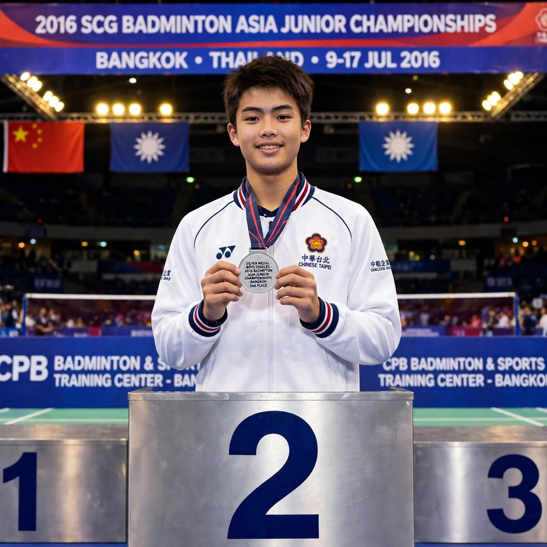 Lee Chia Hao Asian Junior silver medal Teenage Lee Chia Hao holding his silver medal at the 2016 Asian Junior Championships in Bangkok (AI-generated)