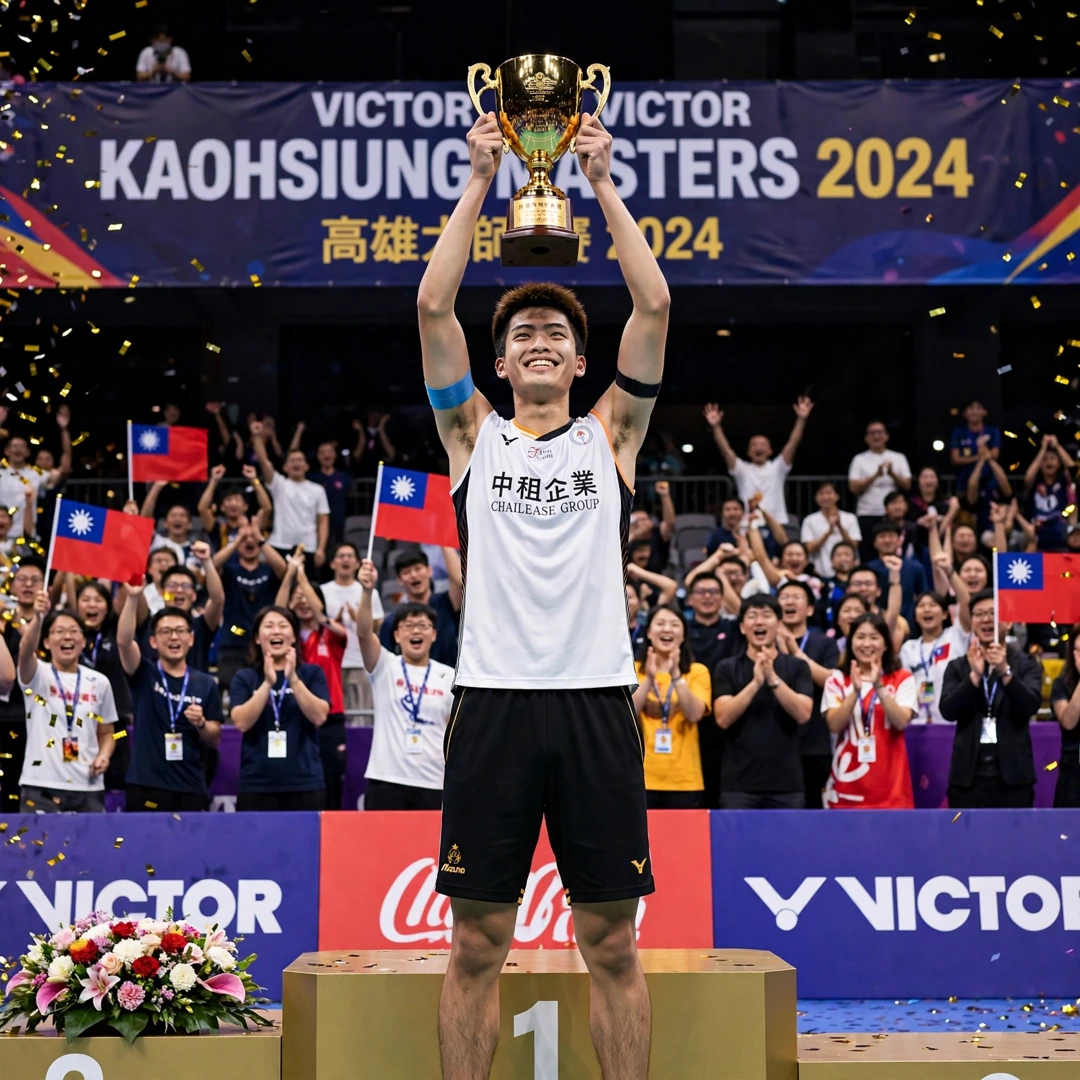 Lee Chia Hao Kaohsiung Masters trophy Lee Chia Hao lifting the 2024 Kaohsiung Masters trophy in front of his home crowd (AI-generated)