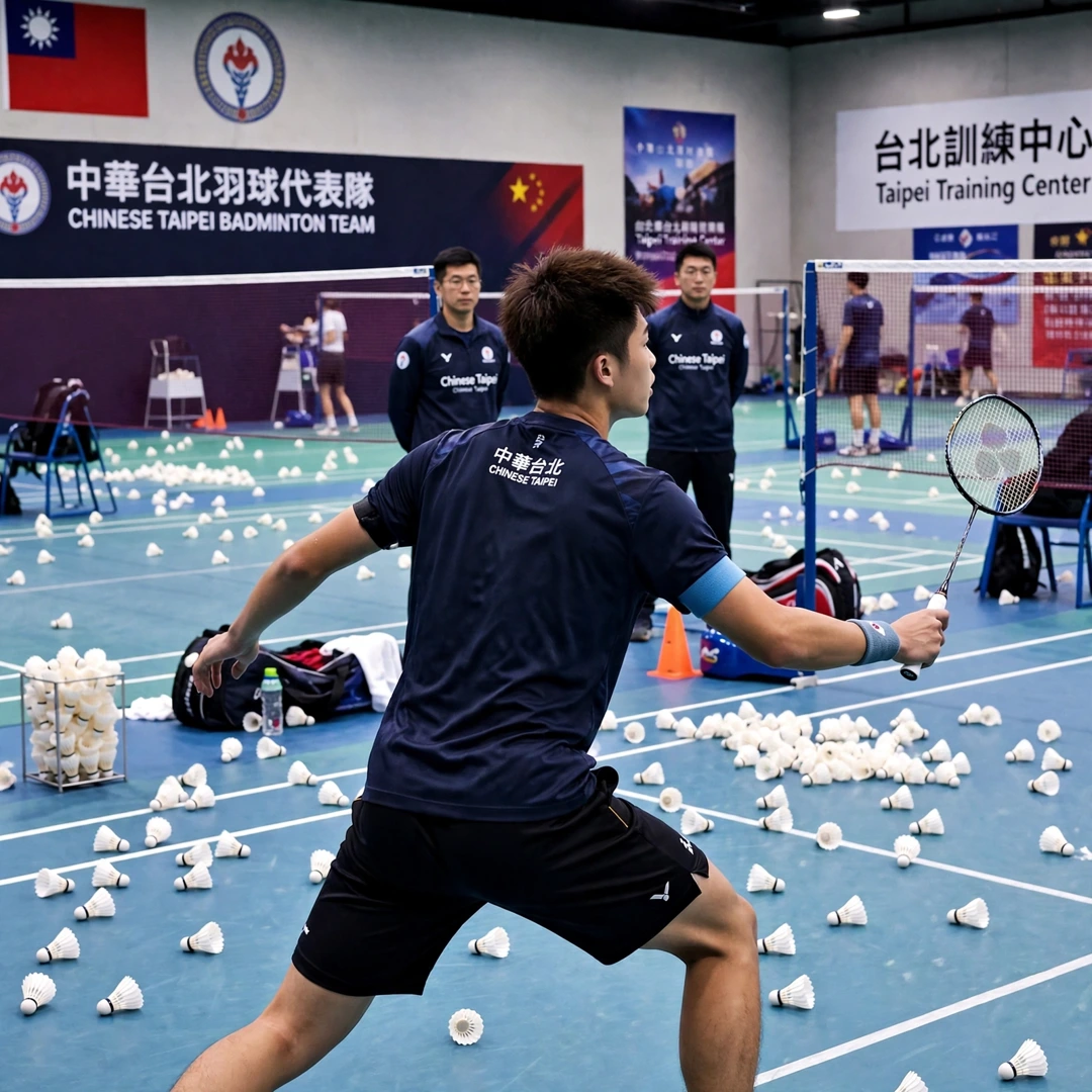 Lee Chia Hao national team training Lee Chia Hao in a multi-shuttle training drill with the Chinese Taipei national team in Taipei (AI-generated)