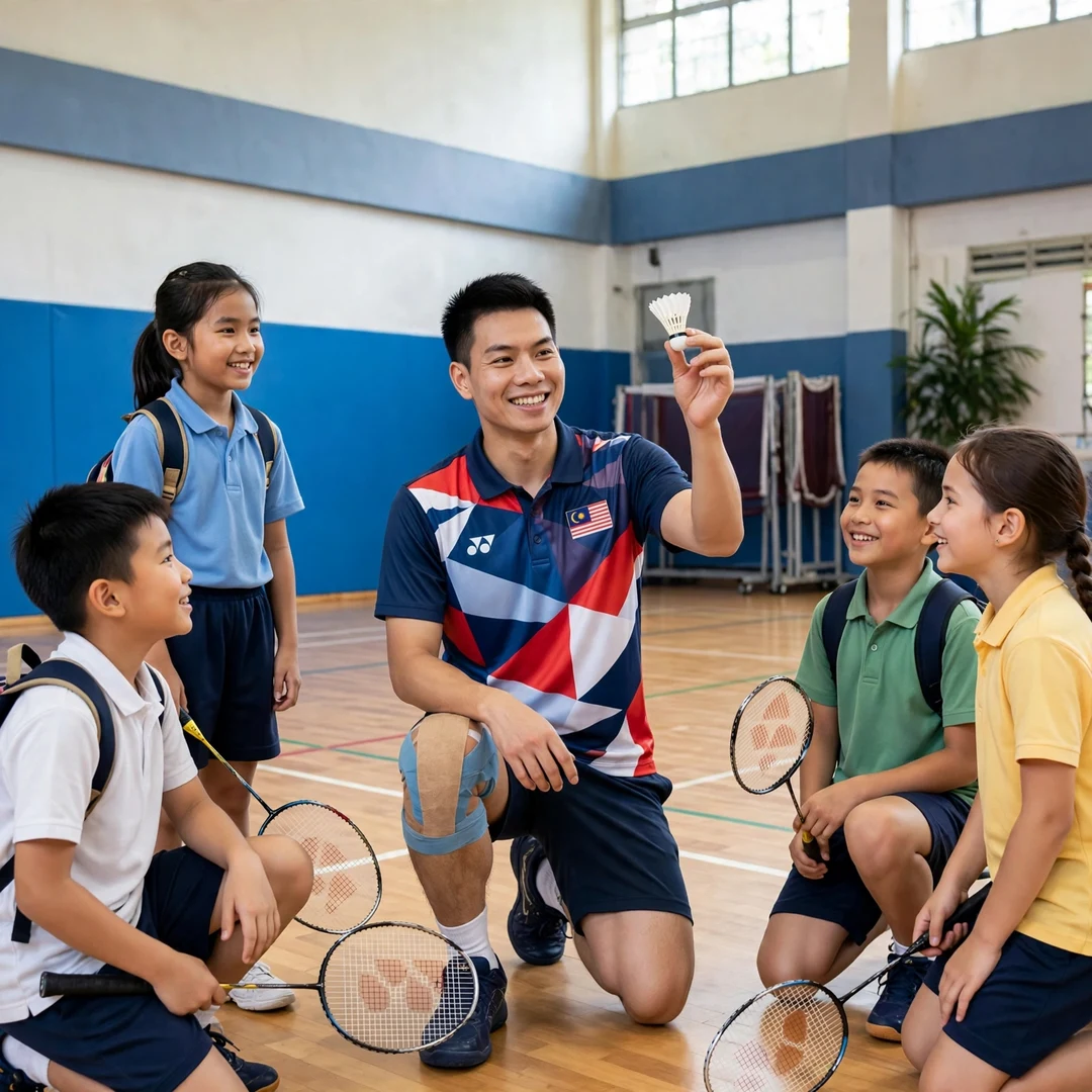 Lee Zii Jia junior clinic Lee Zii Jia showing junior players a shuttlecock at a coaching clinic in Kuala Lumpur (AI-generated)