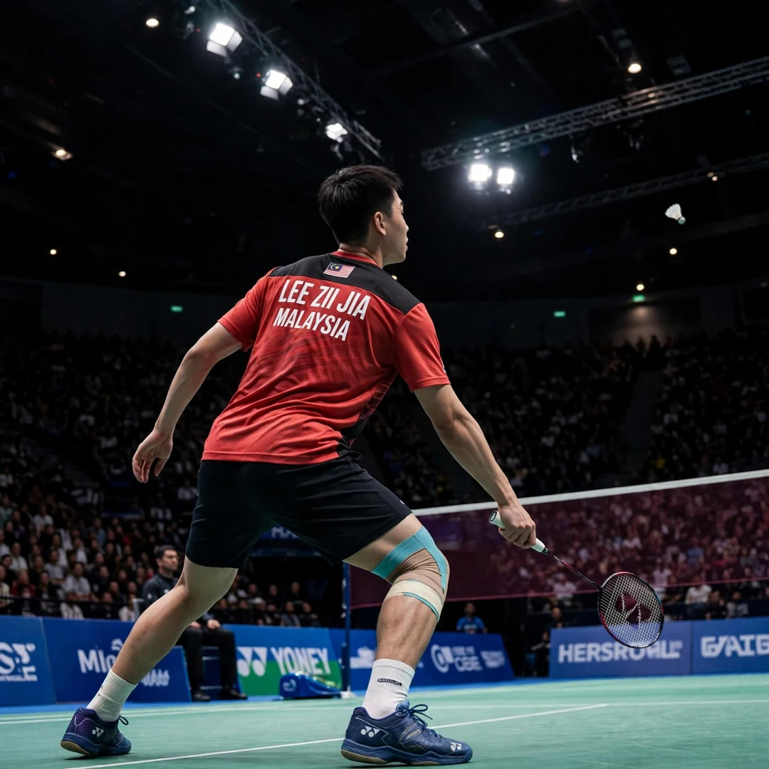 Lee Zii Jia All England Open Lee Zii Jia seen from behind after landing a jump smash at the All England Open in Birmingham (AI-generated)
