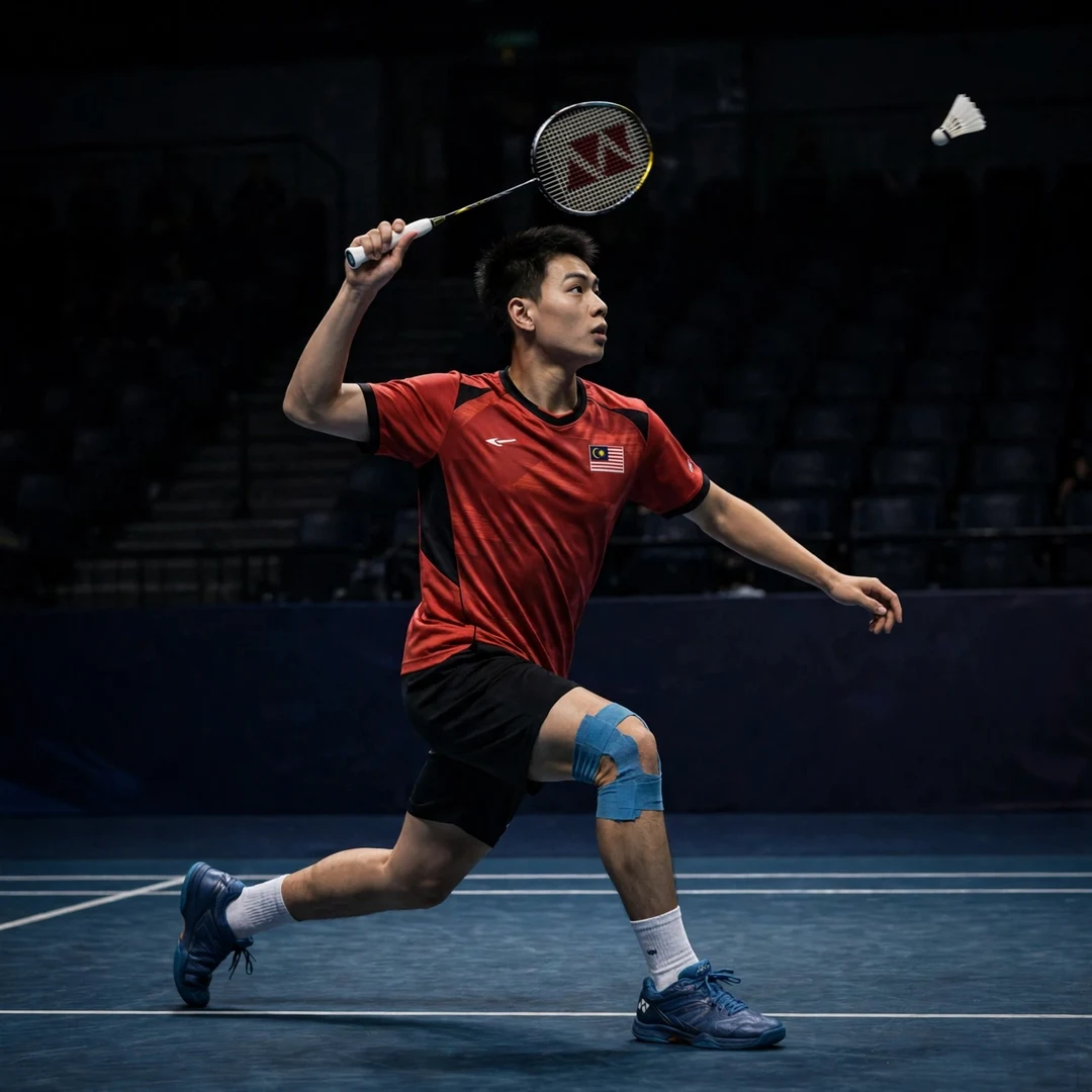 Lee Zii Jia backhand smash Lee Zii Jia playing his trademark backhand smash from the deep backhand corner (AI-generated)