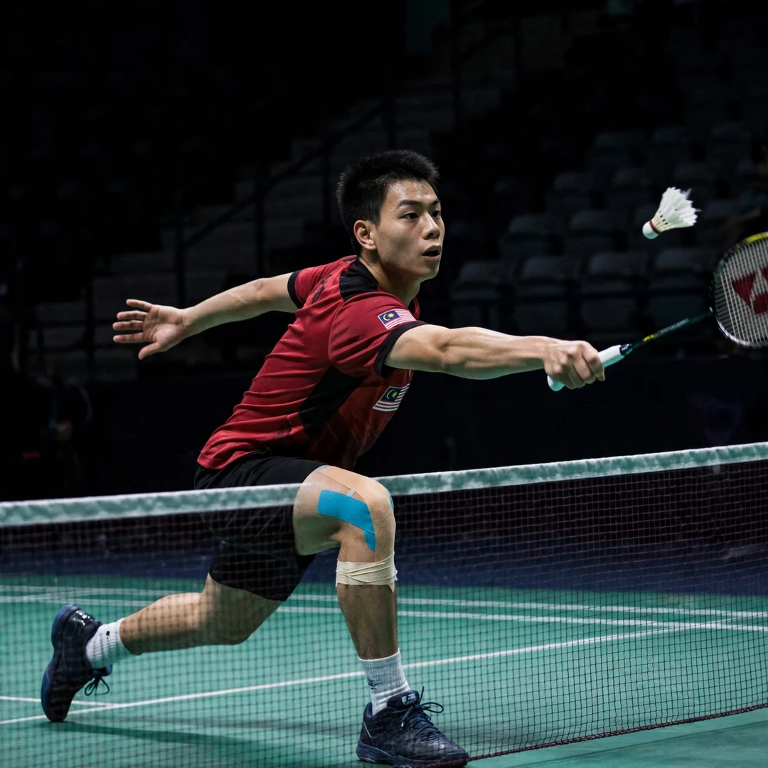 Lee Zii Jia net play Lee Zii Jia playing a tumbling net shot at the net (AI-generated)