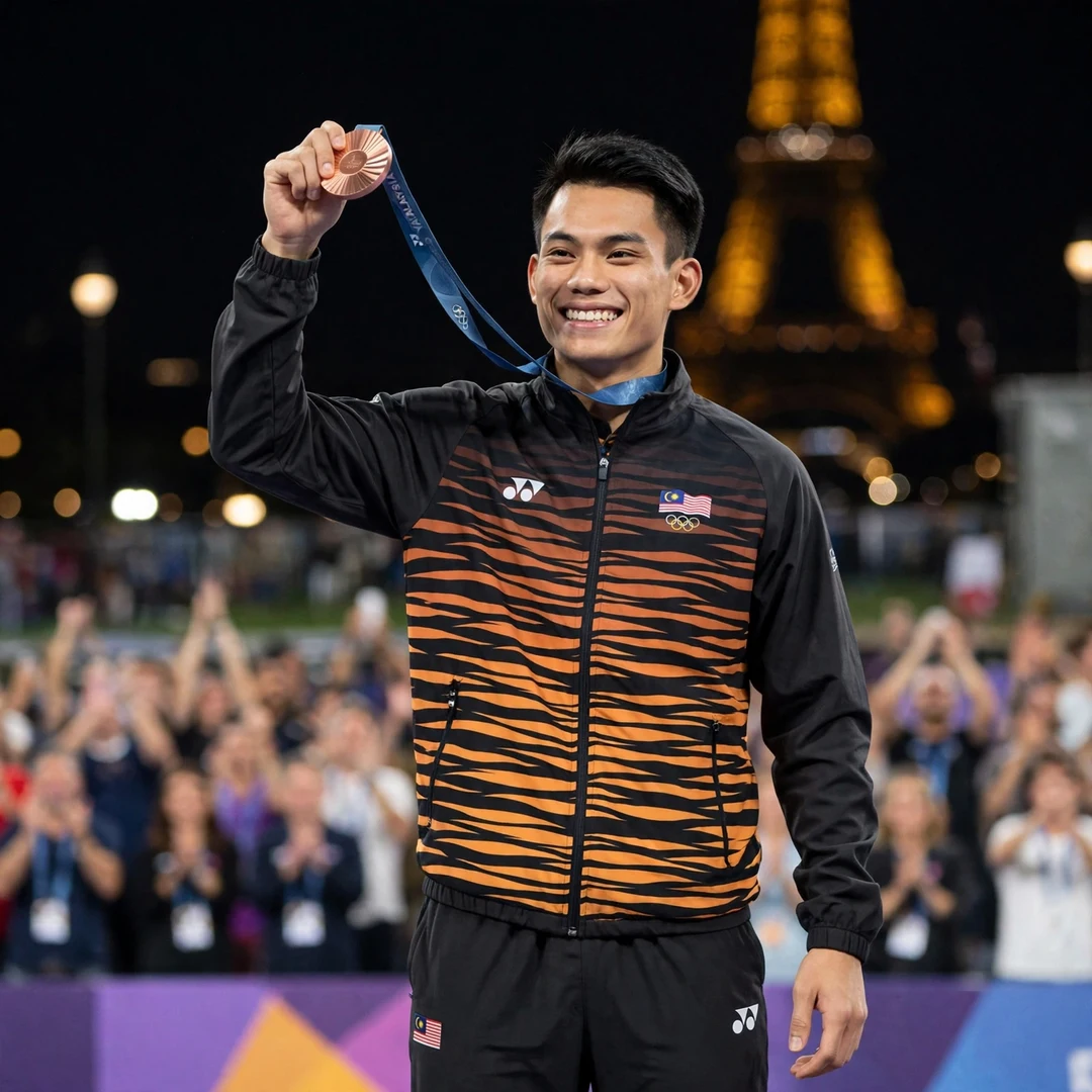 Lee Zii Jia Paris 2024 bronze medal Lee Zii Jia holding up his bronze medal on the podium at the Paris 2024 Olympic Games (AI-generated)