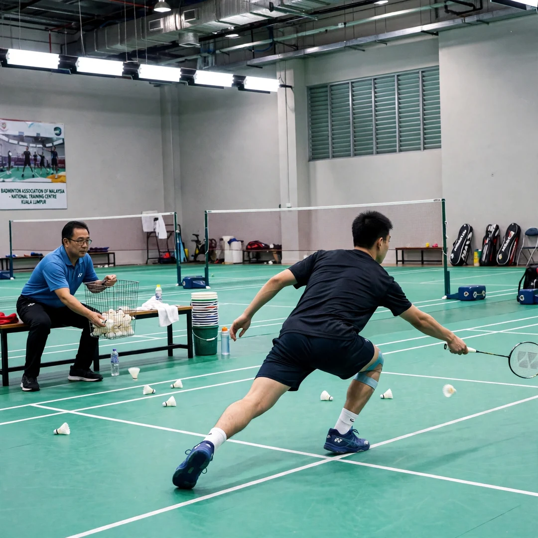 Lee Zii Jia training Lee Zii Jia in a multi-shuttle training drill in Kuala Lumpur, seen from behind (AI-generated)