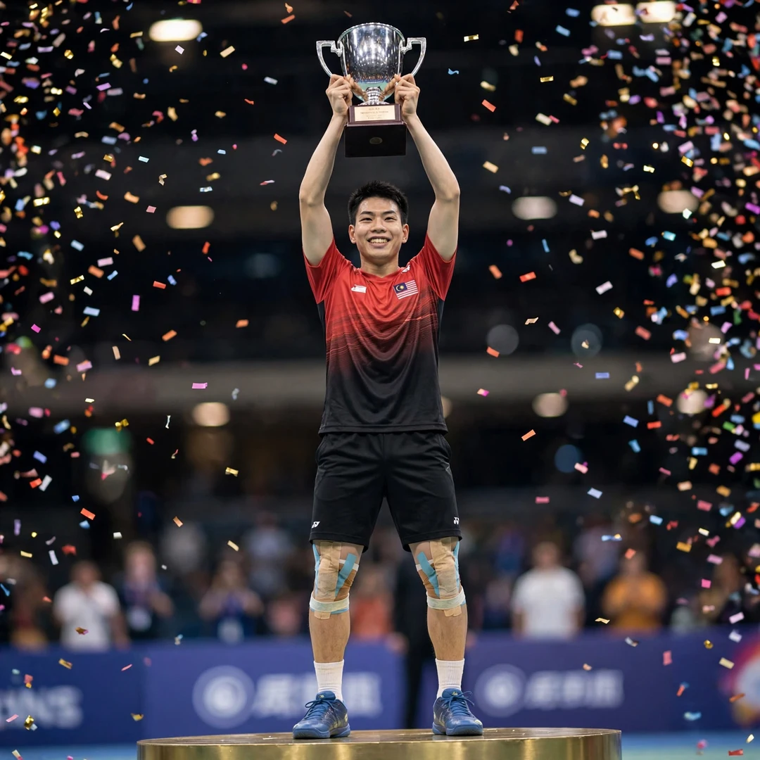 Lee Zii Jia Thailand Open champion Lee Zii Jia lifting the Thailand Open trophy in Bangkok in 2022, the year he reached world No. 2 (AI-generated)