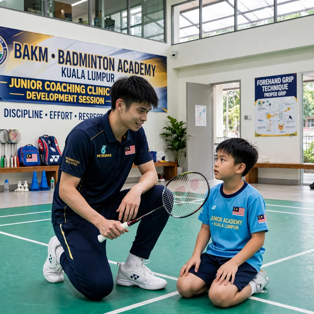 Leong Jun Hao junior clinic Leong Jun Hao coaching a junior player at a clinic in Kuala Lumpur (AI-generated)