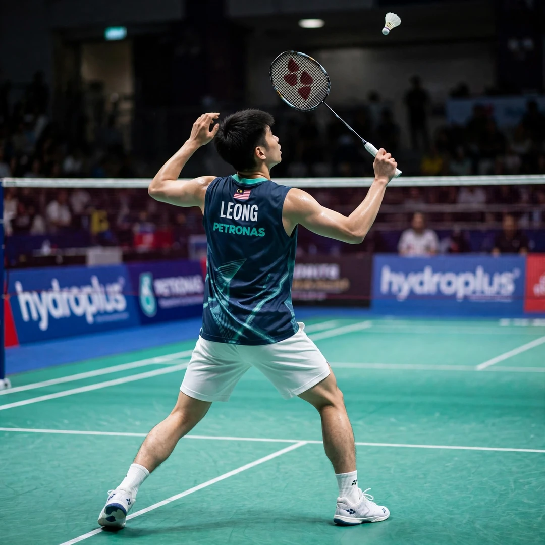 Leong Jun Hao backhand corner Leong Jun Hao playing a rear-court overhead shot (AI-generated)