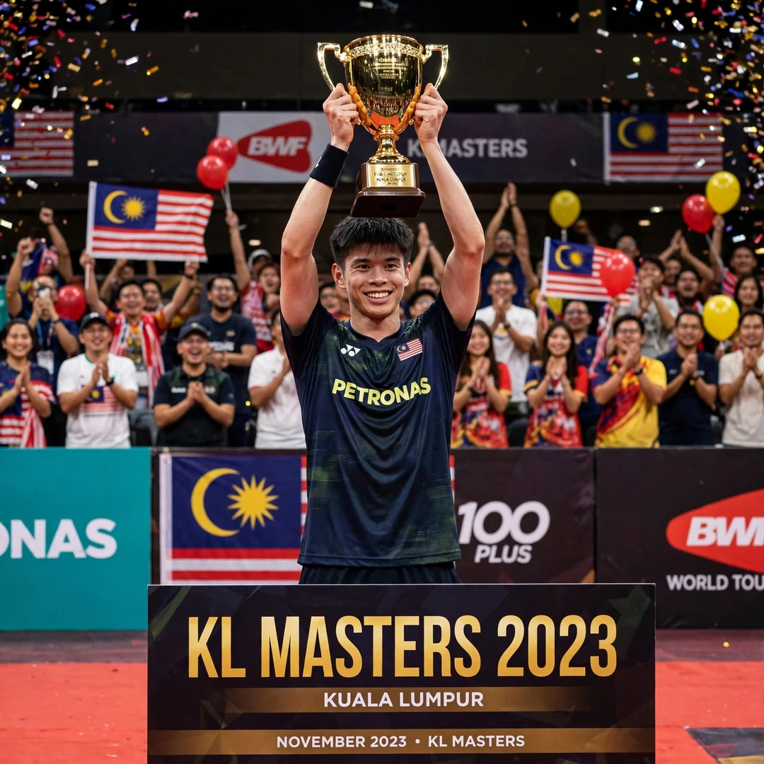 Leong Jun Hao KL Masters celebration Leong Jun Hao lifting the 2023 KL Masters trophy (AI-generated)
