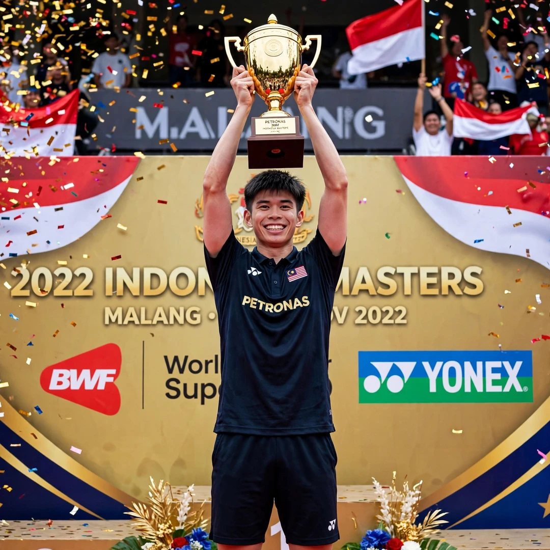 Leong Jun Hao Indonesia Masters trophy Leong Jun Hao lifting the 2022 Indonesia Masters trophy (AI-generated)