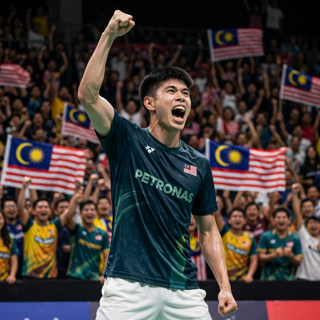 Leong Jun Hao home crowd celebration Leong Jun Hao celebrating in front of the Kuala Lumpur home crowd (AI-generated)