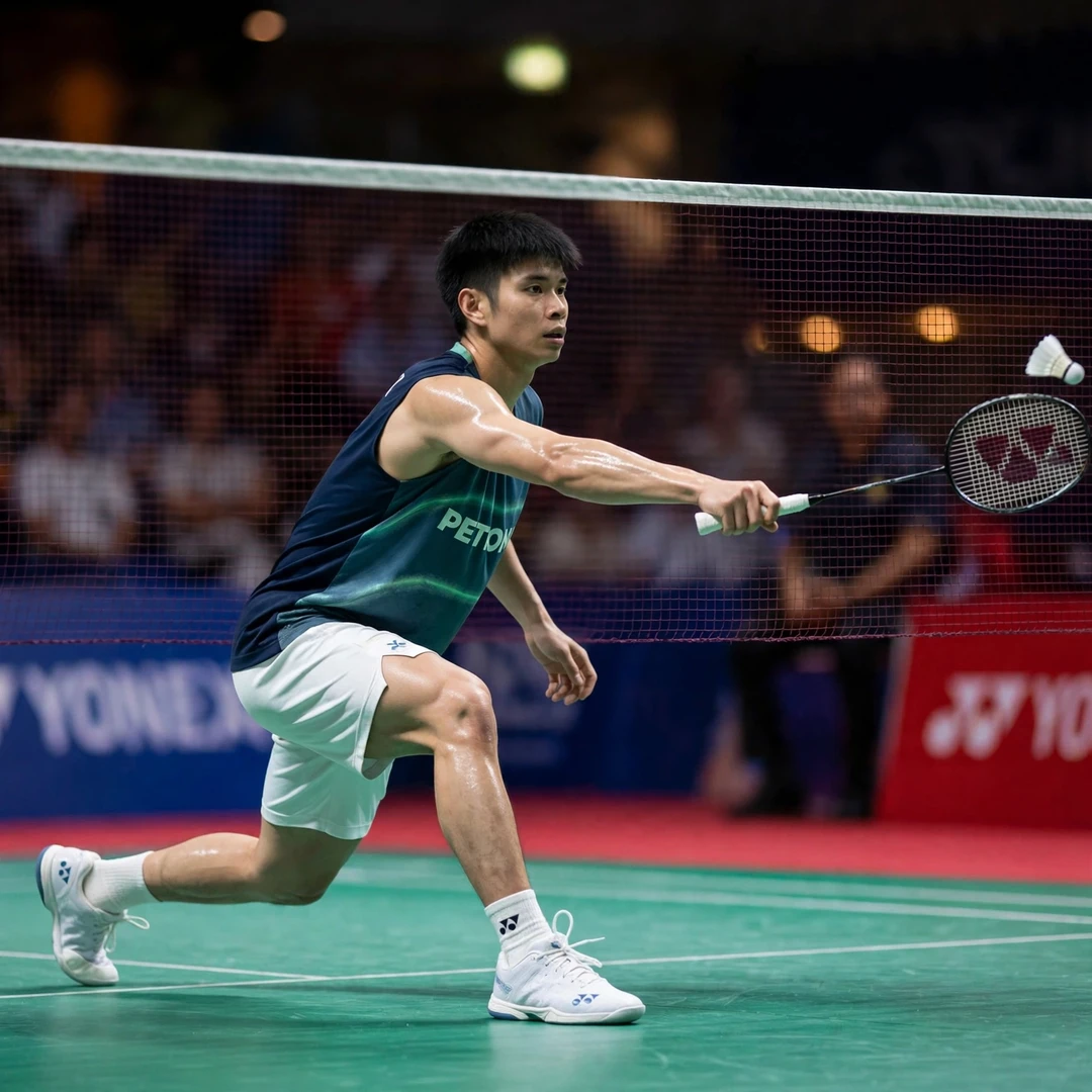 Leong Jun Hao net play Leong Jun Hao playing a tumbling net shot (AI-generated)