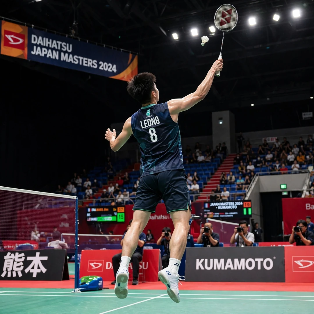 Leong Jun Hao jump smash Leong Jun Hao playing a jump smash at the 2024 Japan Masters (AI-generated)